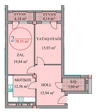2 rooms, 78.35 sq.m