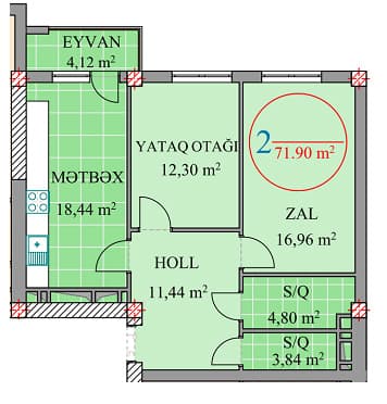 2 rooms, 71.90 sq.m