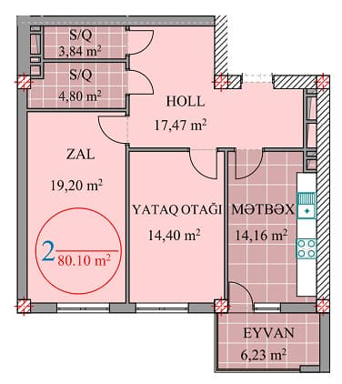 2 rooms, 80.10 sq.m