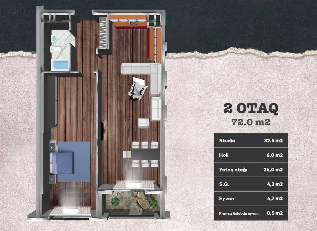 Koroglu Residence, 2 rooms, 72 sq.m.