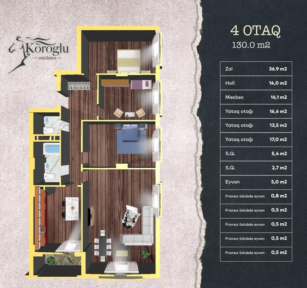 Koroglu Residence, 4 rooms, 130 sq.m.