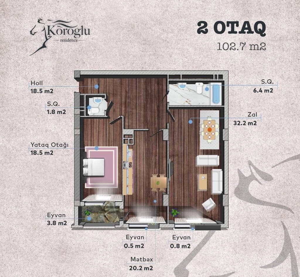 Koroglu Residence, 2 rooms, 102.70 sq.m.