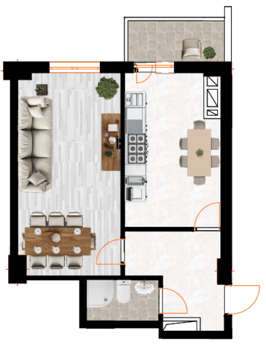 49.2 kvm, 1 otaqlı mənzil