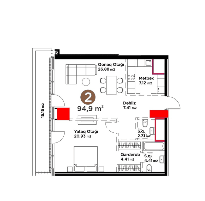 94.9 kvm, 2 otaqlı mənzil