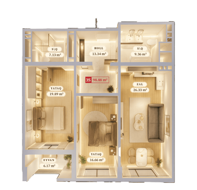 98.88 kvm, 3 otaqlı mənzil