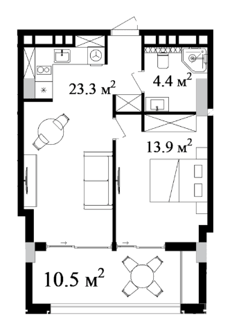 64.02 sqm, 2-room apartment