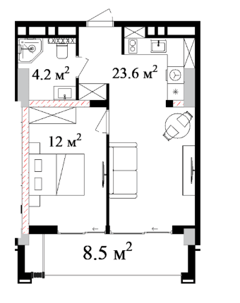 60.73 sqm, 2-room apartment