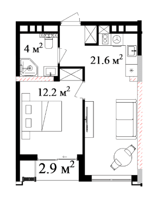 49.72 sqm, 2-room apartment