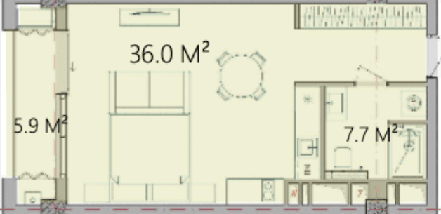 1 otaq studio, 49.6 kvm