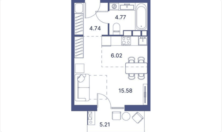 41.41 kvm, 1 otaqlı studio mənzil