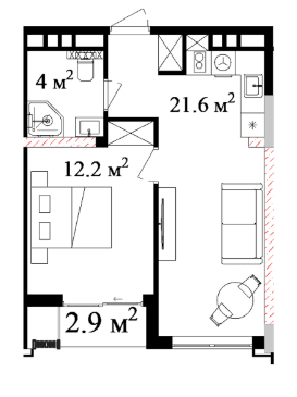 49.72 sqm, 2-room apartment