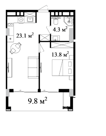 57.57 sqm, 2-room apartment
