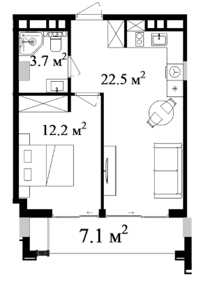 54.91 sqm, 2-room apartment
