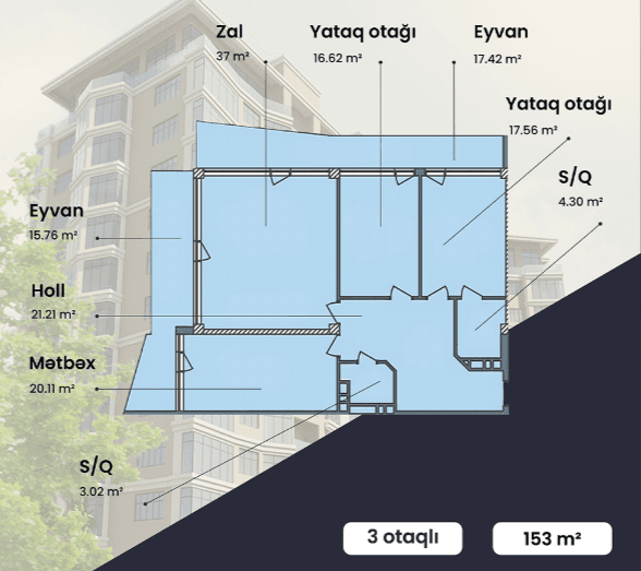153 kvm, 3 otaqlı mənzil