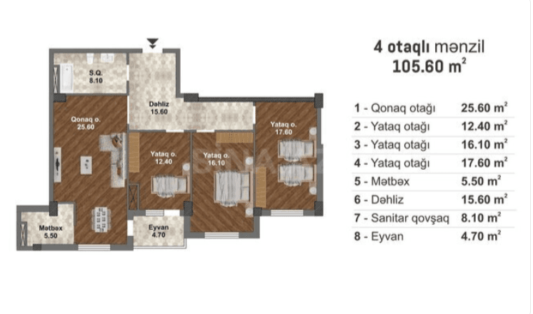 105.6 kvm, 4 otaqlı mənzil