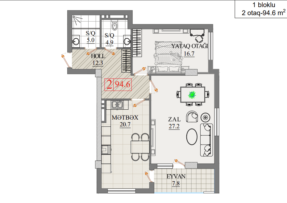 94.6 kvm, 2 otaqlı mənzil - 1 bloklu binada