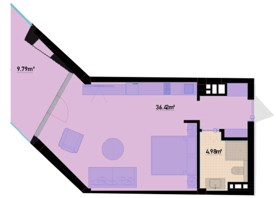 58.89 kvm, 1 otaqlı studio