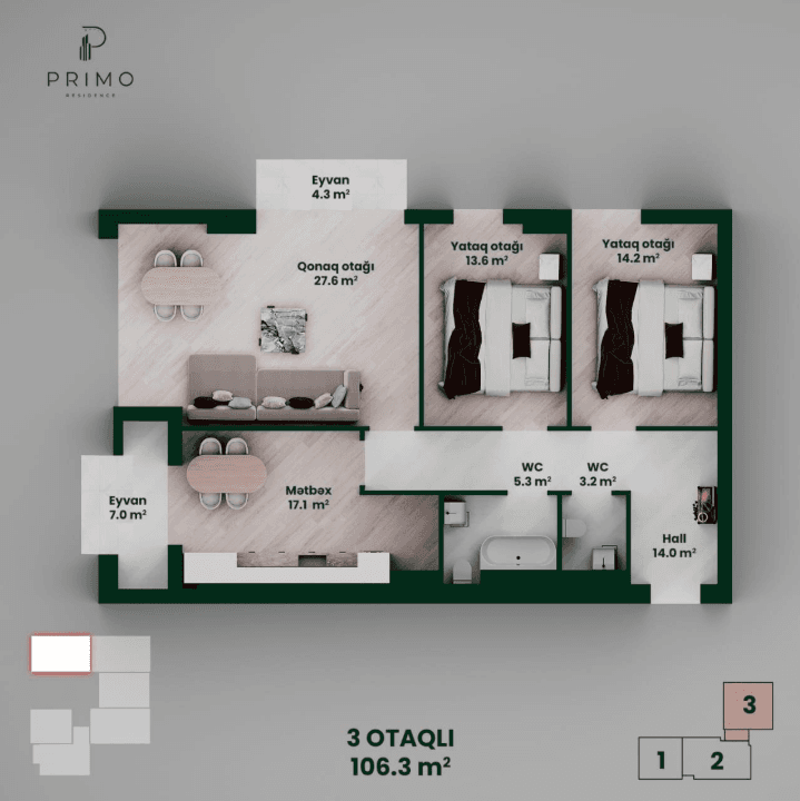 106.3 kvm, 3 otaqlı mənzil