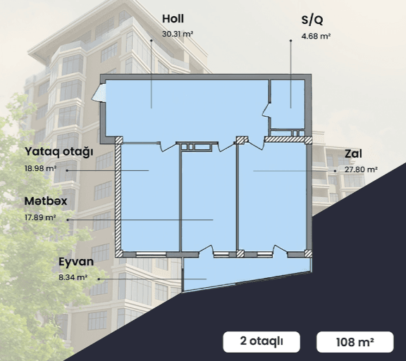 108 kvm, 2 otaqlı mənzil