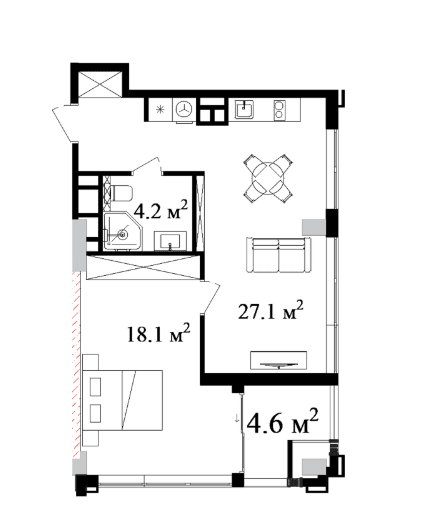 65.24 sqm, 2-room apartment