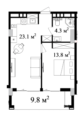 57.57 sqm, 2-room apartment