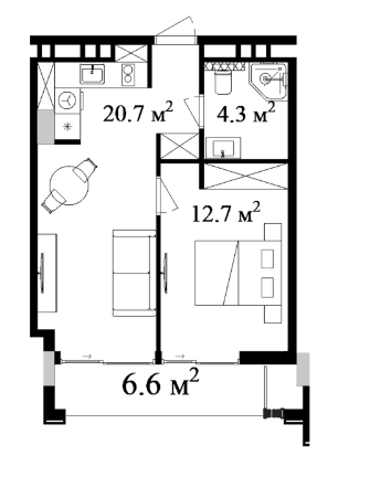 54.91 sqm, 2-room apartment