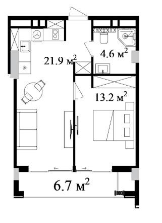 56.76 sqm, 2-room apartment