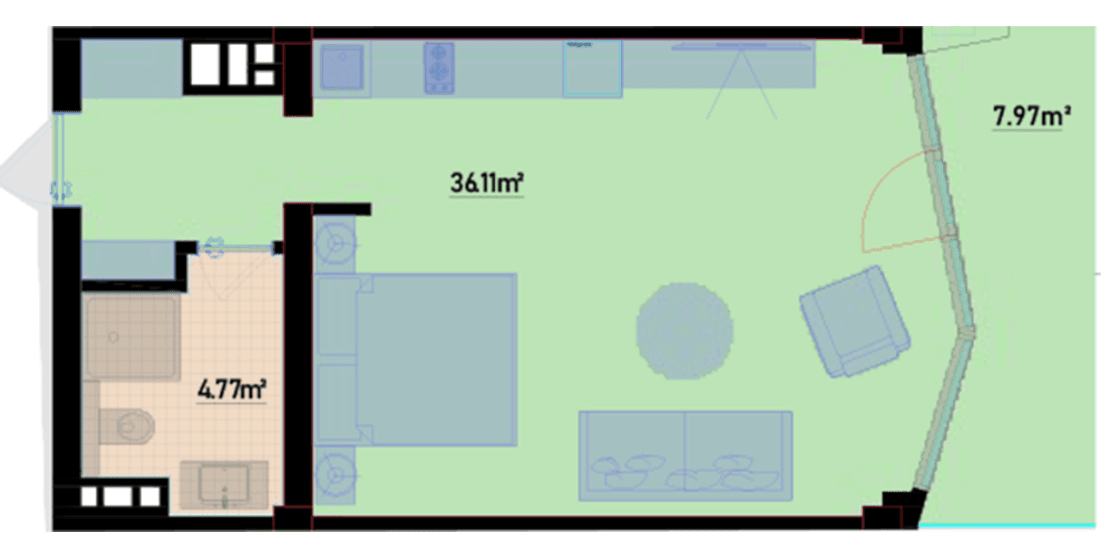56.16 kvm, 1 otaqlı mənzil