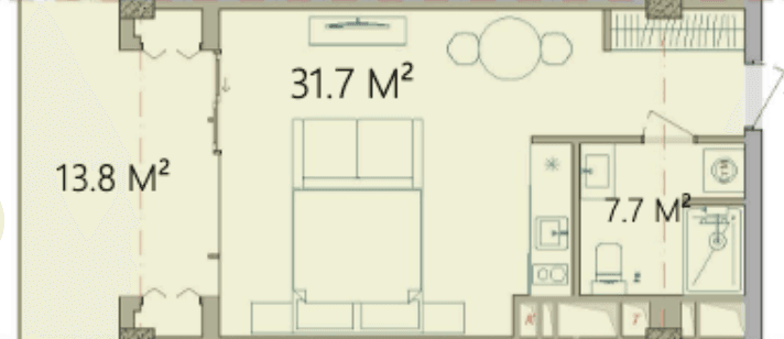 53.2 kvm,1 otaqlı studio