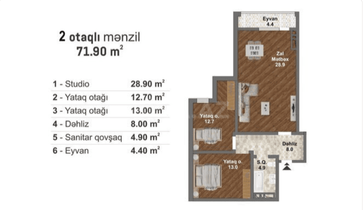 71.9 kvm, 3 otaqlı studio mənzil
