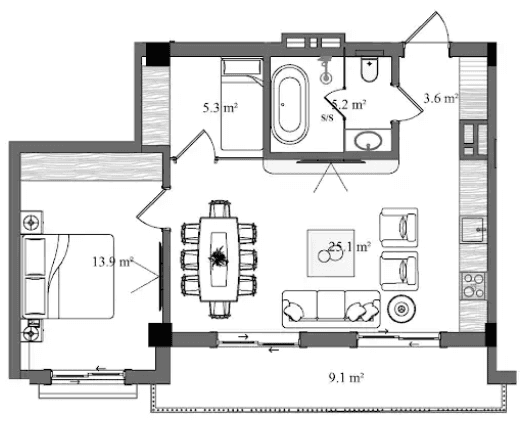 73.9 kvm, 3 otaqlı mənzil
