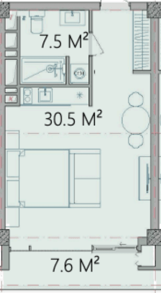 45.6 kvm, 1 otaqlı studio mənzil