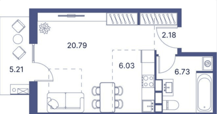 49.22 kvm, 1 otaqlı studio mənzil