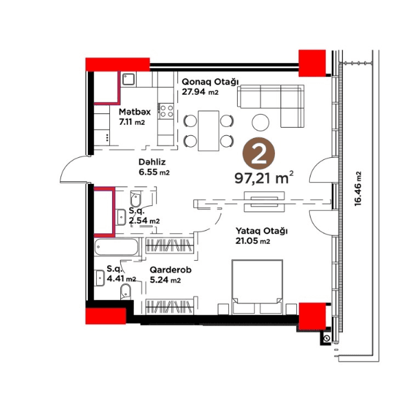 97.21 kvm, 2 otaqlı mənzil