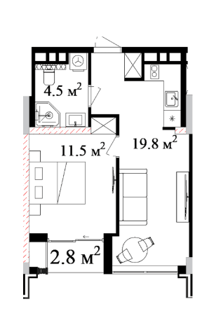 46.47 sqm, 2-room apartment