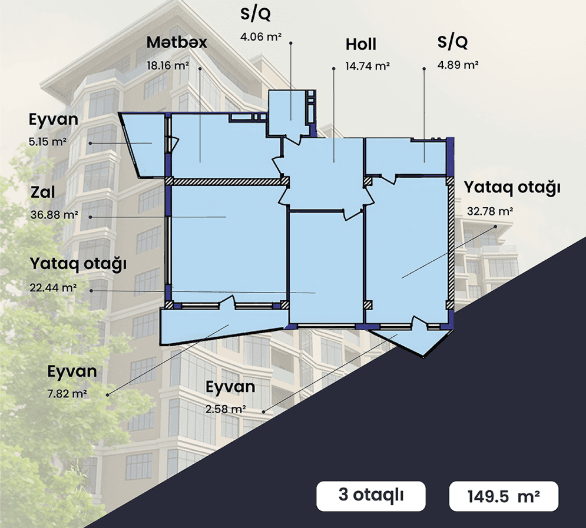 149.5 kvm, 3 otaqlı mənzil