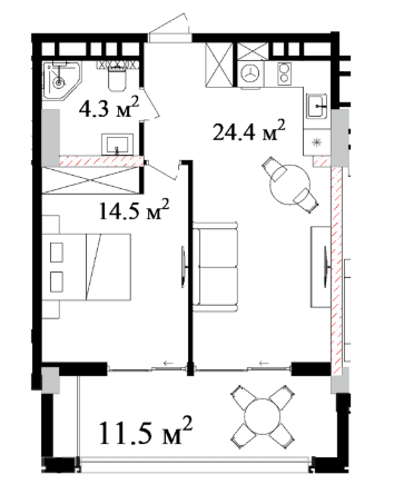 67.3 sqm, 2-room apartment