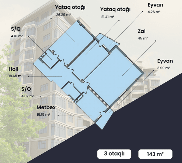 143 kvm, 3 otaqlı mənzil