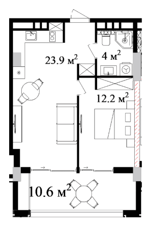 61.8 sqm, 2-room apartment