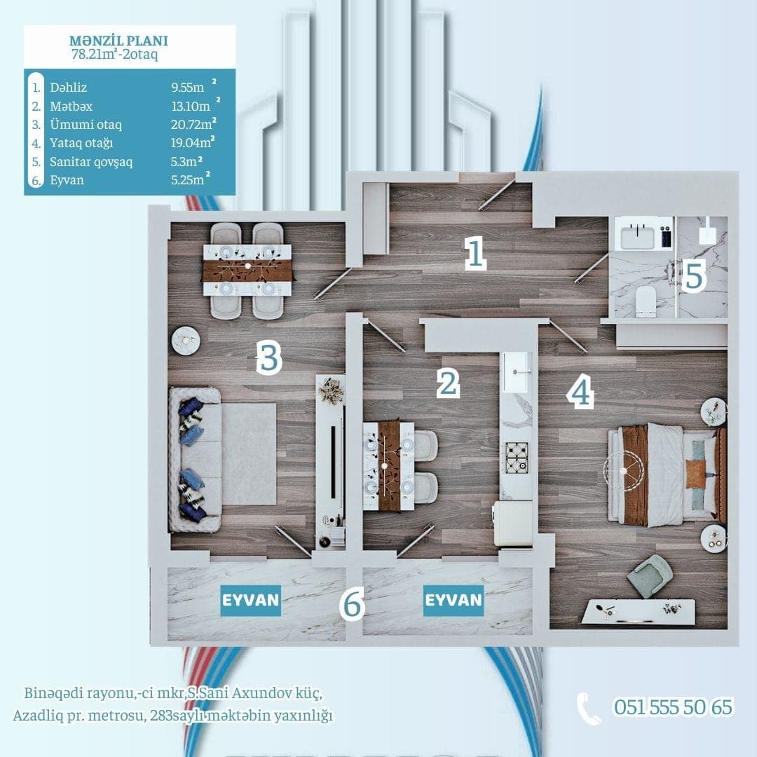 2 rooms, 78.21 sq.m.